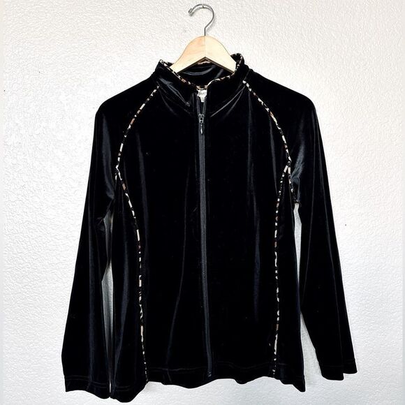 Coldwater Creek Black Cheetah Trim Velour Velvet Zip Jacket Top S - Picture 1 of 4